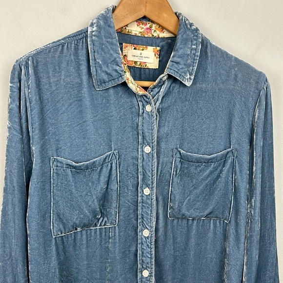 Thread & Supply Velvet Button Down Shirt With Floral Contrast Sz S - Picture 3 of 9